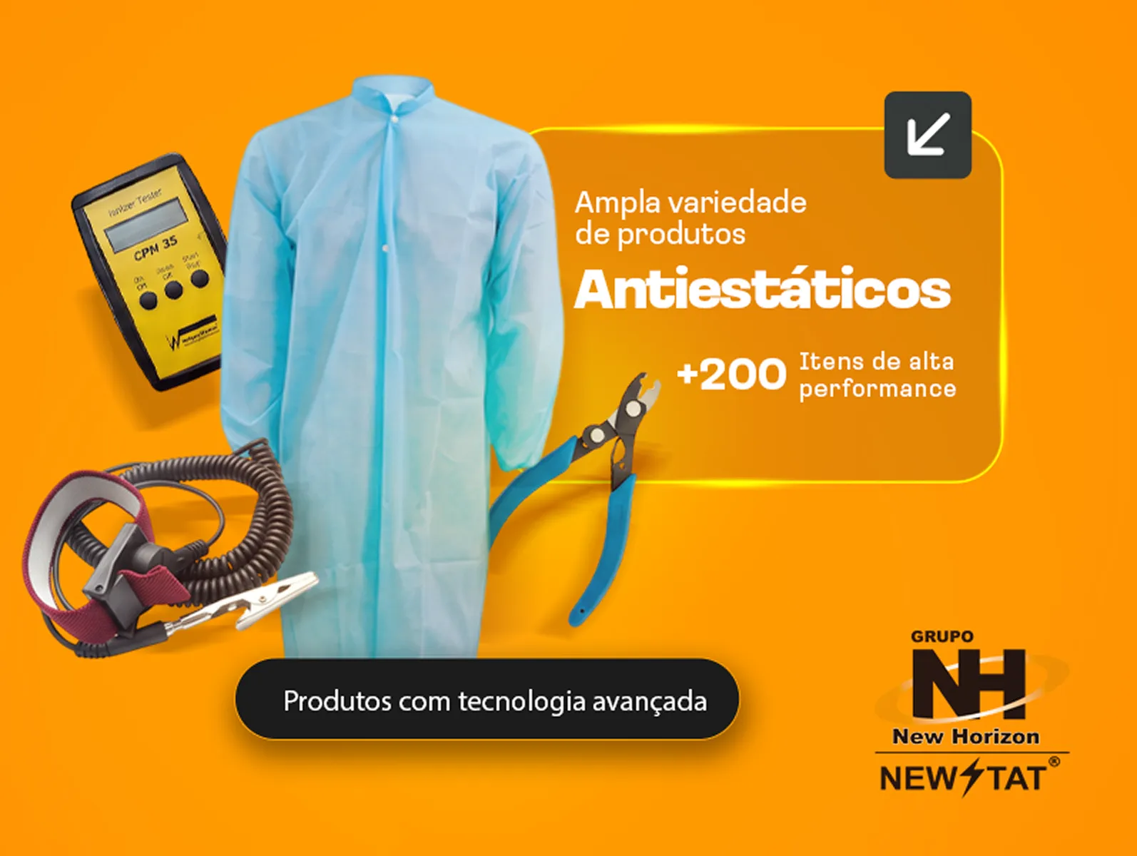 Jaleco antiestático, medidor de ionização CPM 35, pulseira de aterramento e alicate ESD: mais de 200 itens de alta performance da New Horizon