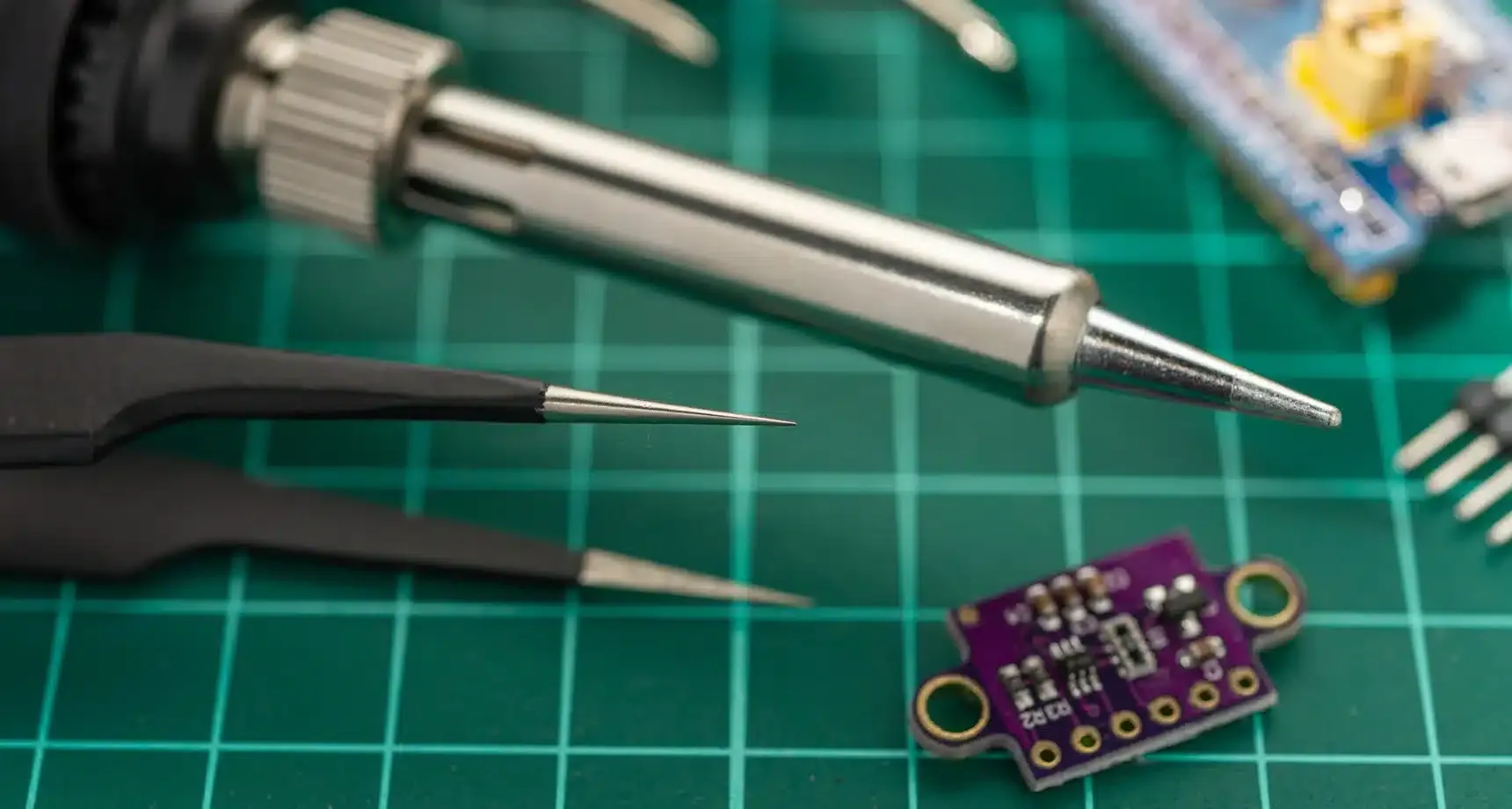 Ferro de solda aplicando estanho em placa eletrônica